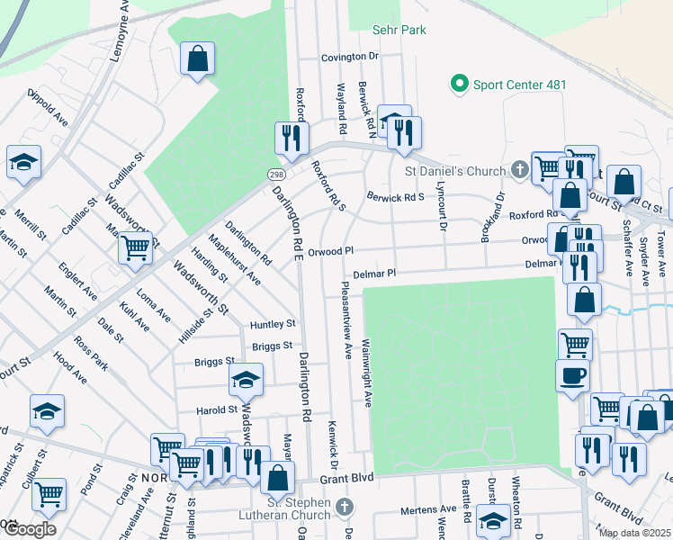 map of restaurants, bars, coffee shops, grocery stores, and more near 414 Kenwick Drive in Syracuse