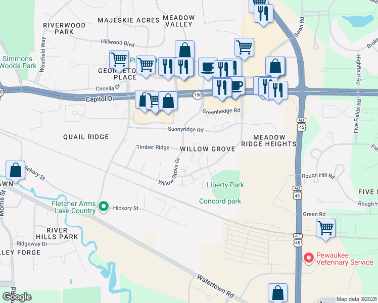 map of restaurants, bars, coffee shops, grocery stores, and more near 348 Willow Grove Drive in Pewaukee