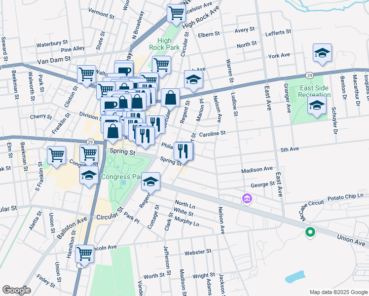map of restaurants, bars, coffee shops, grocery stores, and more near 131 Phila Street in Saratoga Springs