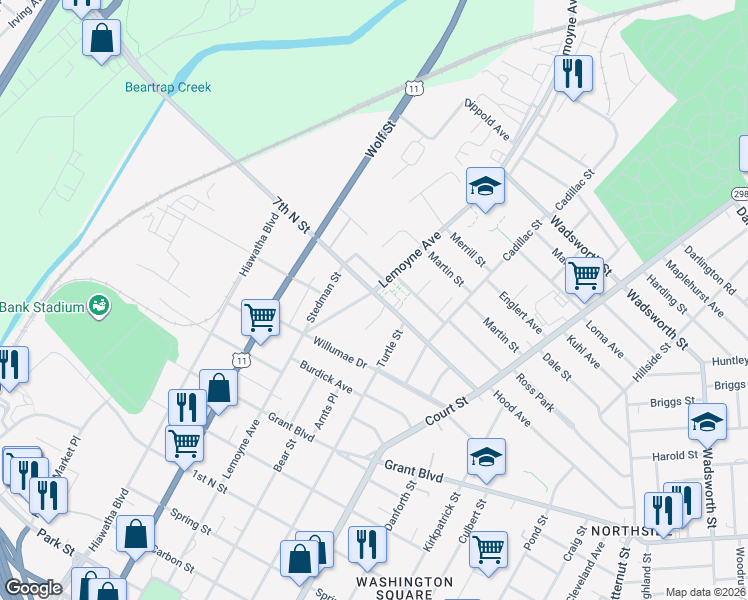 map of restaurants, bars, coffee shops, grocery stores, and more near in Syracuse