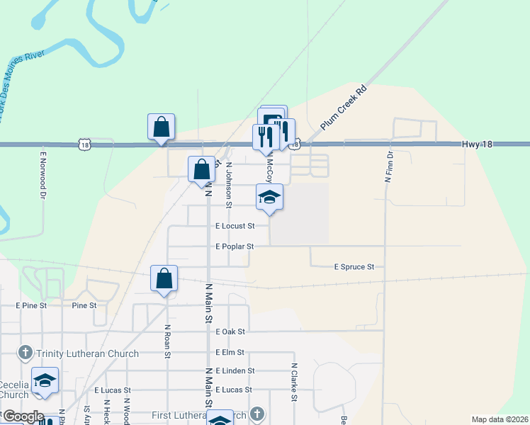 map of restaurants, bars, coffee shops, grocery stores, and more near 1700-1898 E Walnut St in Algona