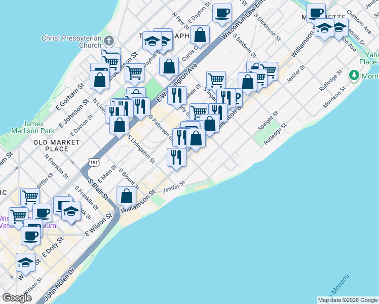 map of restaurants, bars, coffee shops, grocery stores, and more near 305 South Paterson Street in Madison