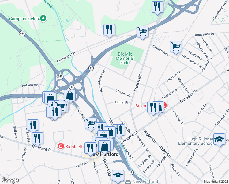 map of restaurants, bars, coffee shops, grocery stores, and more near 227 Thieme Place in Utica