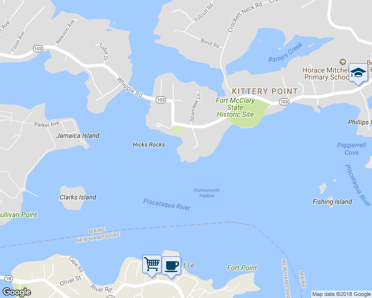 map of restaurants, bars, coffee shops, grocery stores, and more near 8 Lawrence Lane in Kittery