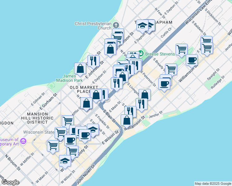 map of restaurants, bars, coffee shops, grocery stores, and more near 701 East Washington Avenue in Madison