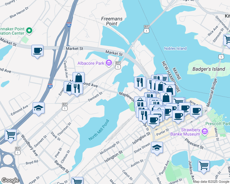 map of restaurants, bars, coffee shops, grocery stores, and more near 235 Maplewood Avenue in Portsmouth
