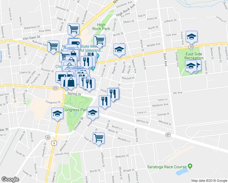map of restaurants, bars, coffee shops, grocery stores, and more near 125 Phila Street in Saratoga Springs