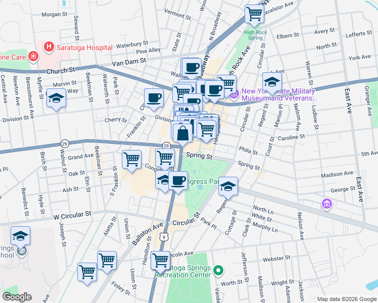 map of restaurants, bars, coffee shops, grocery stores, and more near 13 Spring Street in Saratoga Springs