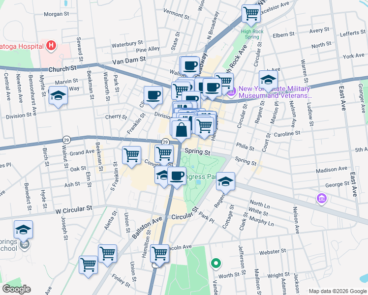 map of restaurants, bars, coffee shops, grocery stores, and more near 13 Spring Street in Saratoga Springs