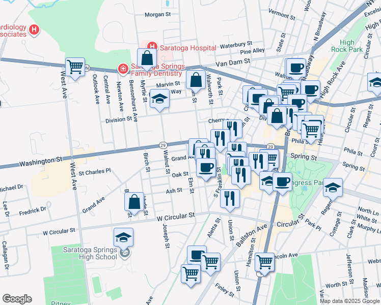 map of restaurants, bars, coffee shops, grocery stores, and more near 219 Elm Street in Saratoga Springs