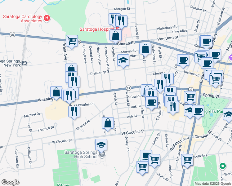 map of restaurants, bars, coffee shops, grocery stores, and more near 202 Washington Street in Saratoga Springs