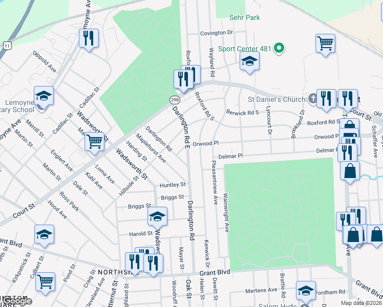 map of restaurants, bars, coffee shops, grocery stores, and more near 108 Orwood Place in Syracuse