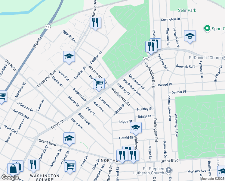 map of restaurants, bars, coffee shops, grocery stores, and more near 1322 Court Street in Syracuse