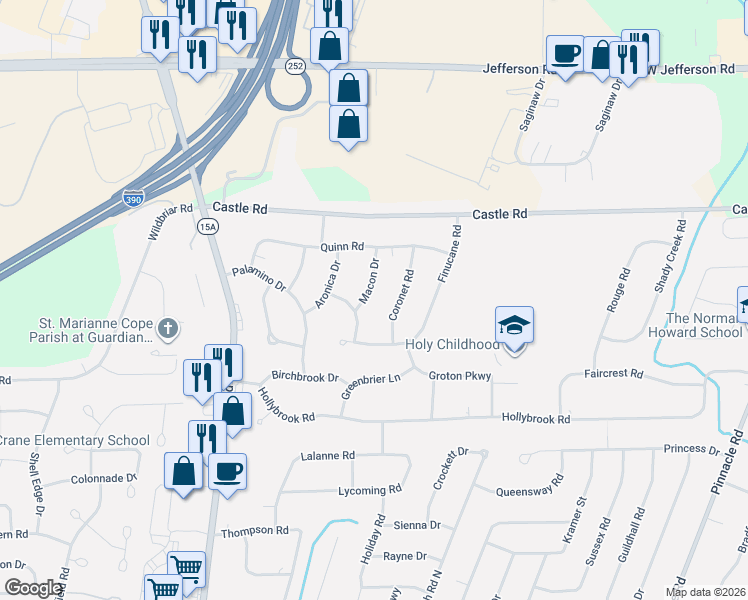 map of restaurants, bars, coffee shops, grocery stores, and more near 49 Coronet Road in Rochester