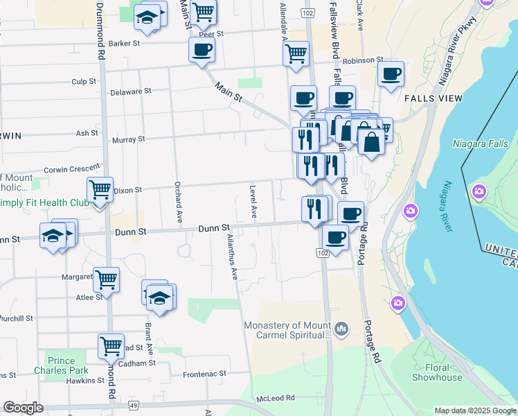 map of restaurants, bars, coffee shops, grocery stores, and more near 6557 Cleveland Avenue in Niagara Falls