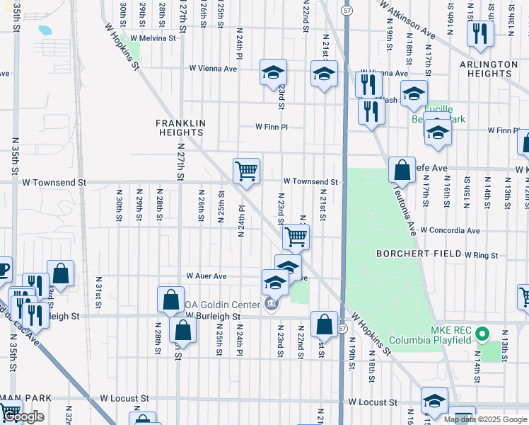 map of restaurants, bars, coffee shops, grocery stores, and more near 3342 North 24th Street in Milwaukee