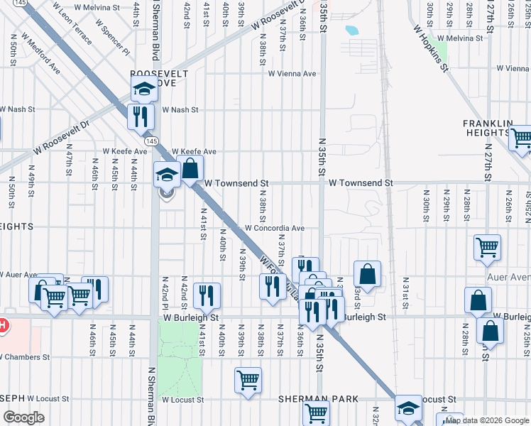 map of restaurants, bars, coffee shops, grocery stores, and more near 3337 North 37th Street in Milwaukee