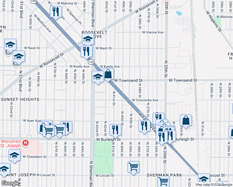 map of restaurants, bars, coffee shops, grocery stores, and more near 3337 North 41st Street in Milwaukee