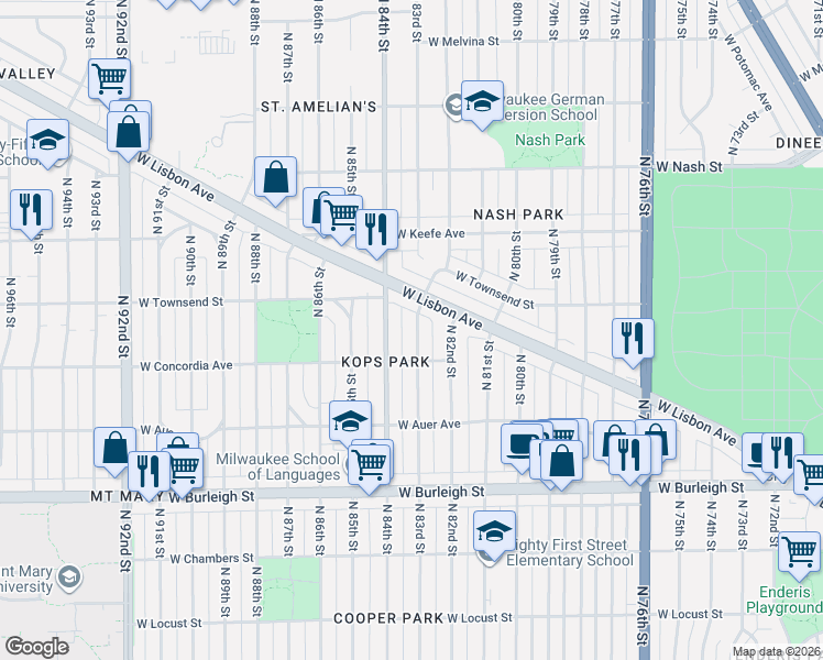 map of restaurants, bars, coffee shops, grocery stores, and more near 3344 North 84th Street in Milwaukee