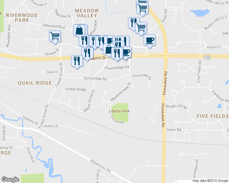 map of restaurants, bars, coffee shops, grocery stores, and more near 1365 Meadowcreek Drive in Pewaukee