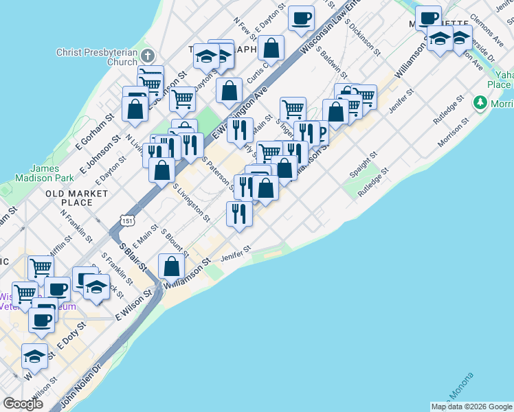 map of restaurants, bars, coffee shops, grocery stores, and more near 307 South Paterson Street in Madison