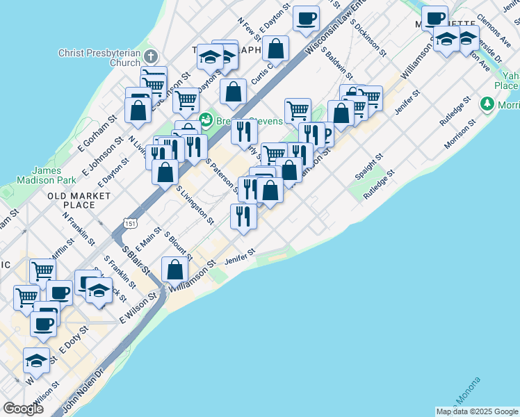 map of restaurants, bars, coffee shops, grocery stores, and more near 307 South Paterson Street in Madison
