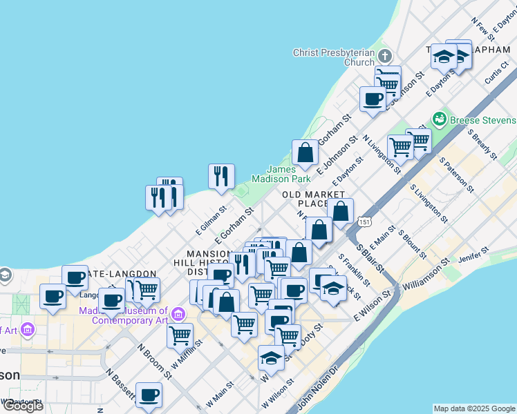 map of restaurants, bars, coffee shops, grocery stores, and more near 302 East Gorham Street in Madison