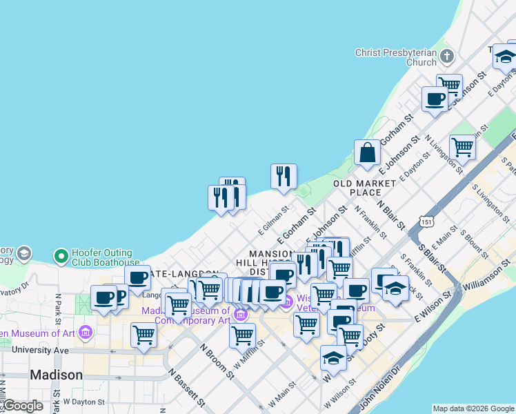 map of restaurants, bars, coffee shops, grocery stores, and more near 122 East Gilman Street in Madison