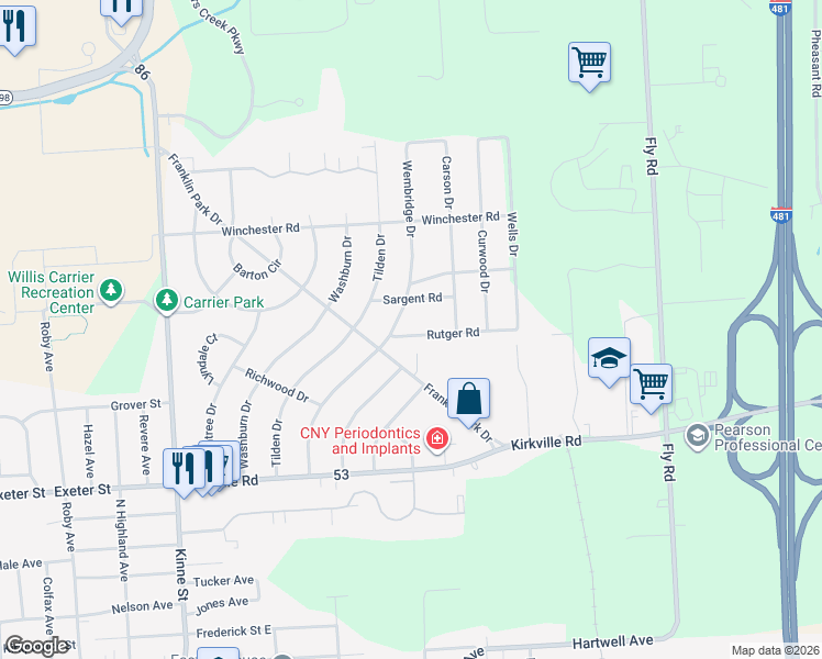 map of restaurants, bars, coffee shops, grocery stores, and more near 6543 Rutger Road in East Syracuse