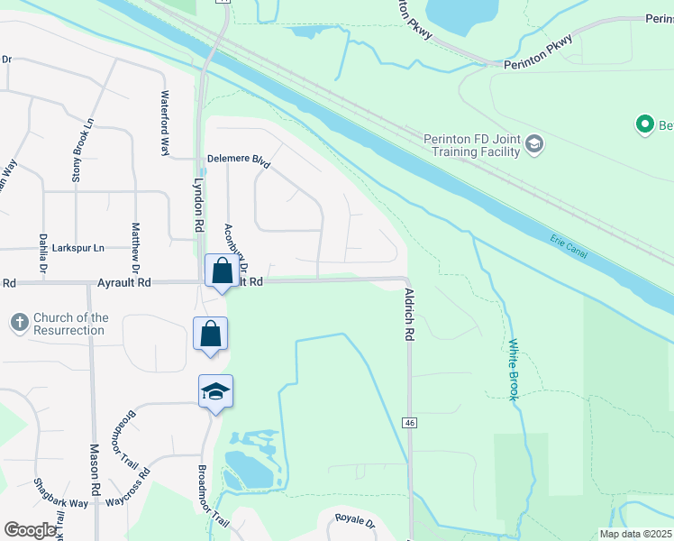 map of restaurants, bars, coffee shops, grocery stores, and more near 5 White Brook Rise in Fairport