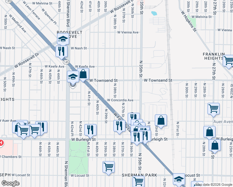 map of restaurants, bars, coffee shops, grocery stores, and more near 3337 North 37th Street in Milwaukee