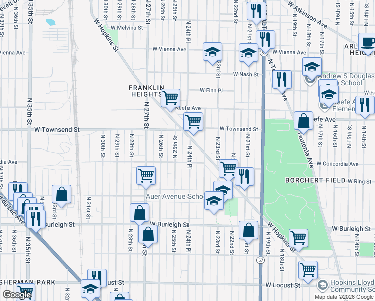 map of restaurants, bars, coffee shops, grocery stores, and more near 3339 North 24th Place in Milwaukee