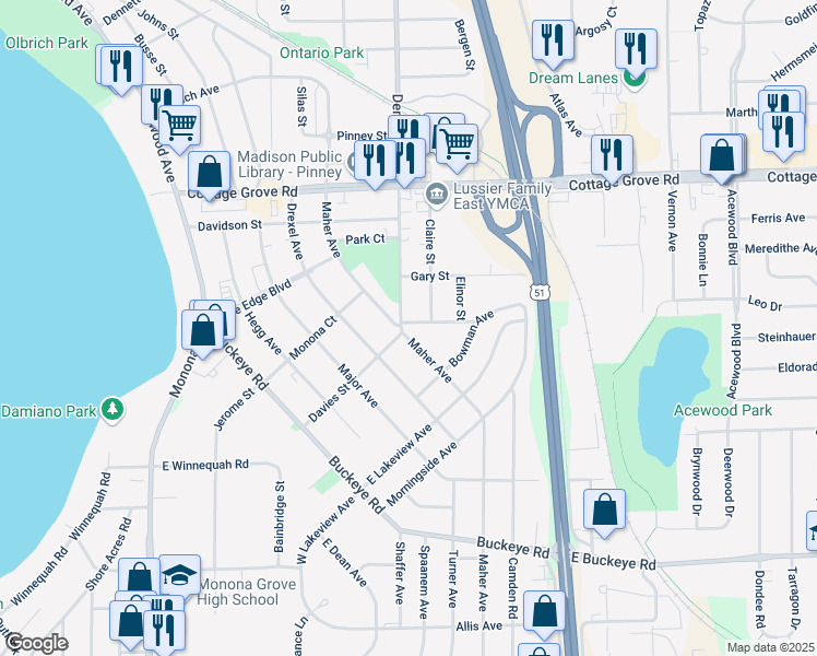 map of restaurants, bars, coffee shops, grocery stores, and more near 601 Pinchot Avenue in Madison