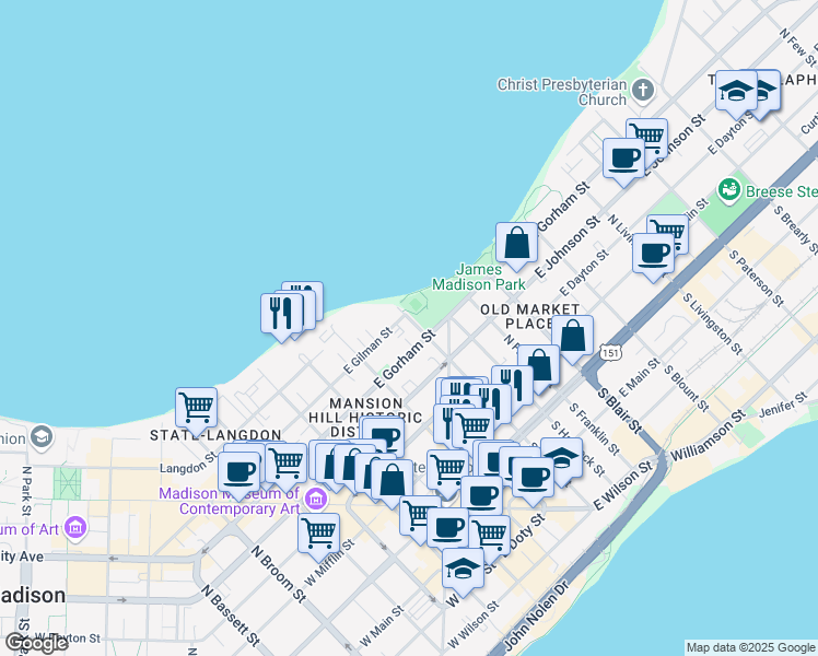 map of restaurants, bars, coffee shops, grocery stores, and more near 416 North Butler Street in Madison