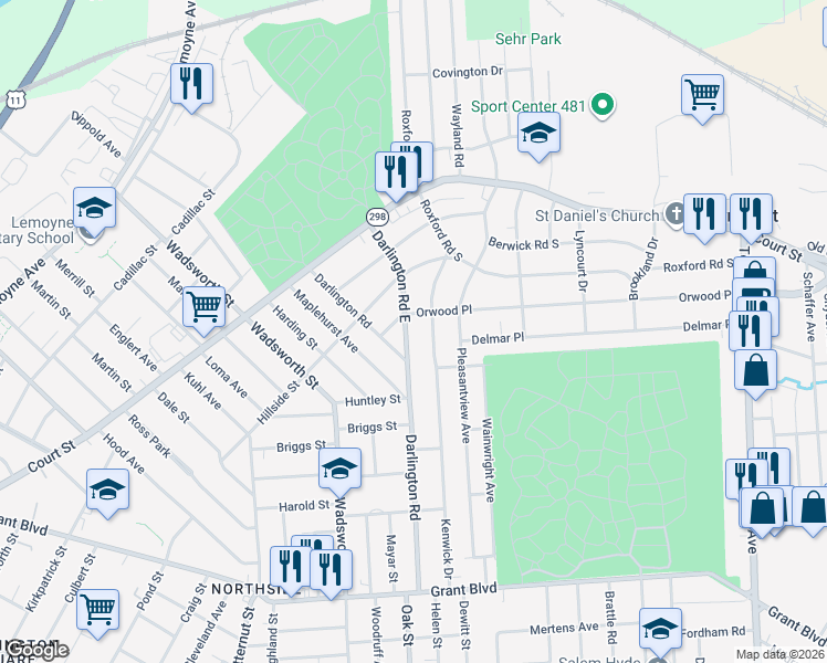 map of restaurants, bars, coffee shops, grocery stores, and more near 108 Orwood Place in Syracuse