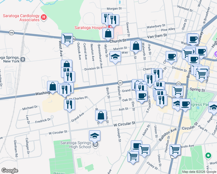 map of restaurants, bars, coffee shops, grocery stores, and more near 202 Washington Street in Saratoga Springs