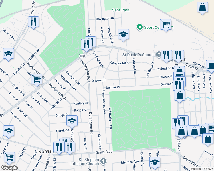map of restaurants, bars, coffee shops, grocery stores, and more near 101 Delmar Place in Syracuse