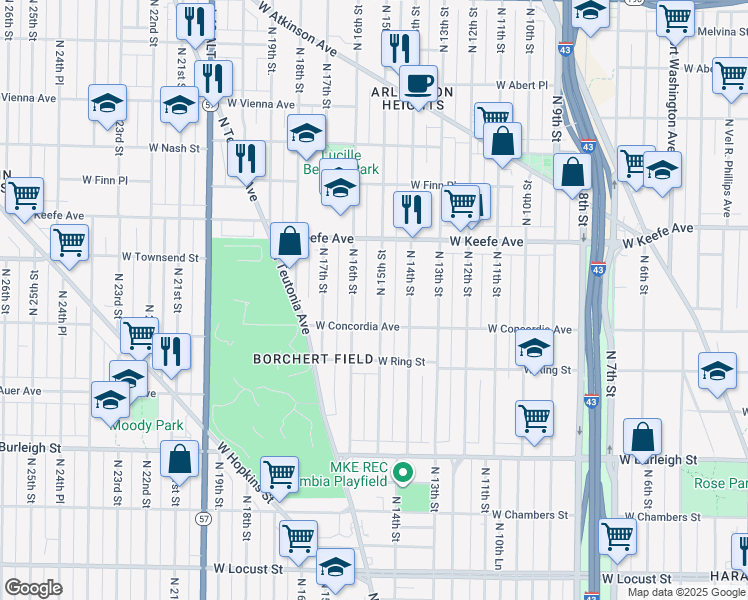 map of restaurants, bars, coffee shops, grocery stores, and more near 3337 North 15th Street in Milwaukee