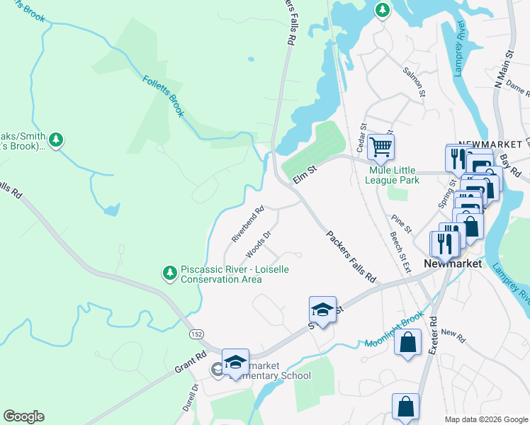 map of restaurants, bars, coffee shops, grocery stores, and more near 1 Riverbend Road in Newmarket