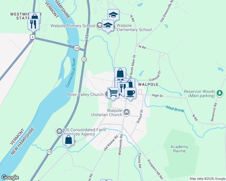 map of restaurants, bars, coffee shops, grocery stores, and more near 24 Westminster Street in Walpole