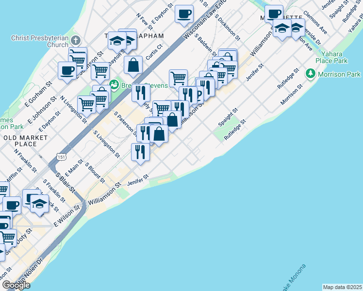 map of restaurants, bars, coffee shops, grocery stores, and more near 504 South Brearly Street in Madison