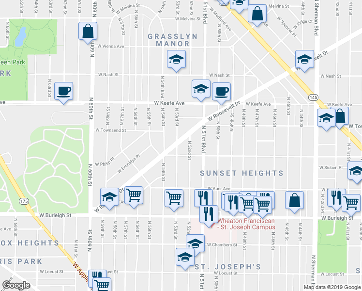 map of restaurants, bars, coffee shops, grocery stores, and more near 5235 West Roosevelt Drive in Milwaukee