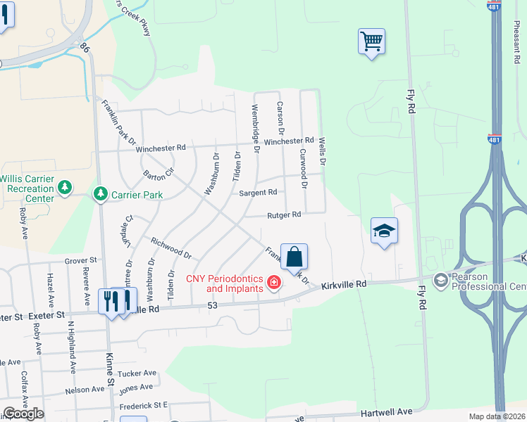map of restaurants, bars, coffee shops, grocery stores, and more near 6543 Rutger Road in East Syracuse