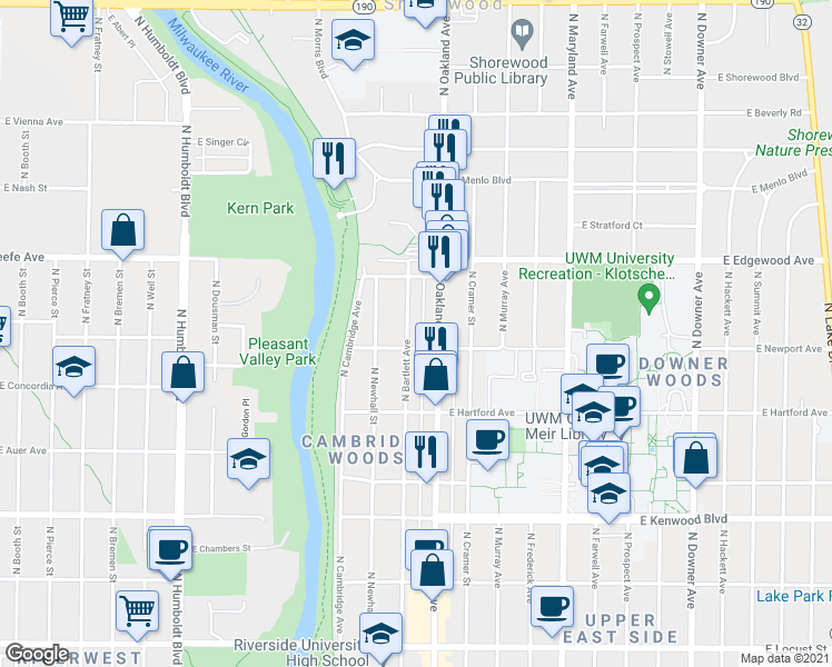 map of restaurants, bars, coffee shops, grocery stores, and more near 3412 North Bartlett Avenue in Milwaukee