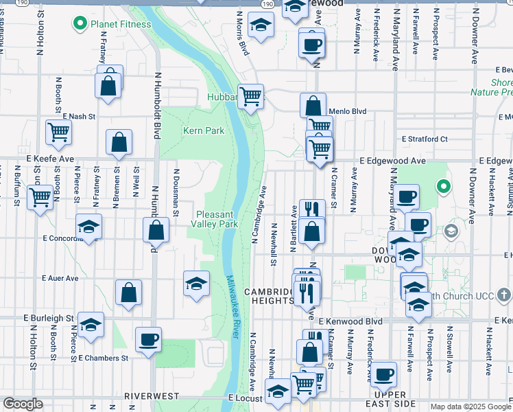 map of restaurants, bars, coffee shops, grocery stores, and more near 3201 North Cambridge Avenue in Milwaukee