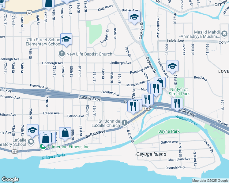 map of restaurants, bars, coffee shops, grocery stores, and more near 620 86th Street in Niagara Falls