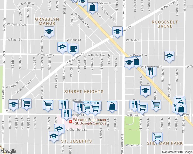 map of restaurants, bars, coffee shops, grocery stores, and more near 4625 West Bernhard Place in Milwaukee