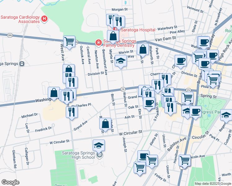 map of restaurants, bars, coffee shops, grocery stores, and more near 204 Washington Street in Saratoga Springs