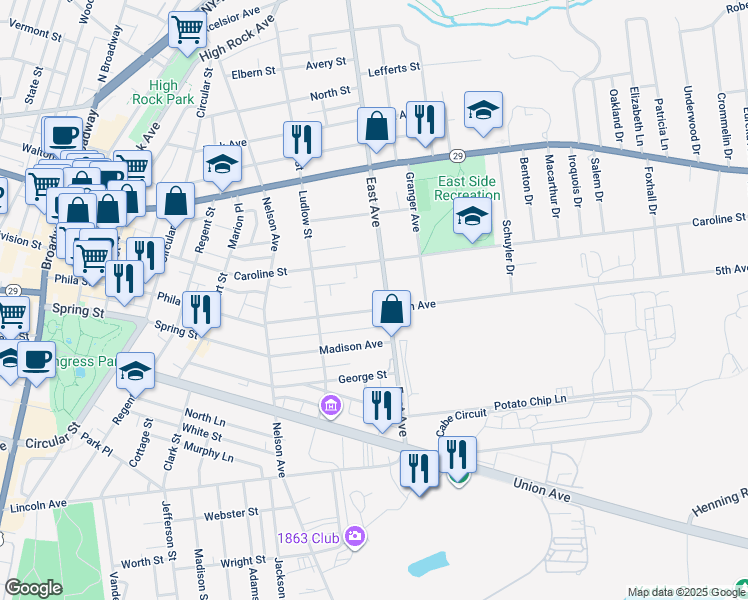 map of restaurants, bars, coffee shops, grocery stores, and more near 43 5th Avenue in Saratoga Springs