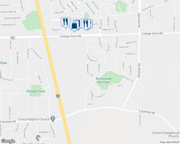 map of restaurants, bars, coffee shops, grocery stores, and more near 1329 Manassas Trail in Madison